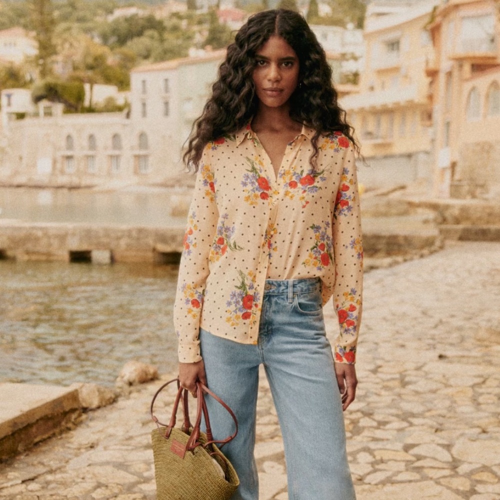 Sezane Beige Floral Button-Up Blouse with Red and Blue Accents